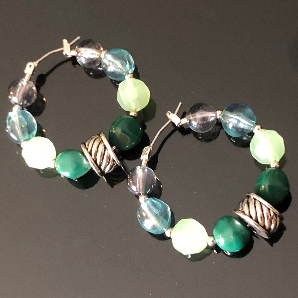 3/$32 VTG 90s Silver & Greens Pale Blue Acrylic Bead Hoop Boho Pierced Earrings
